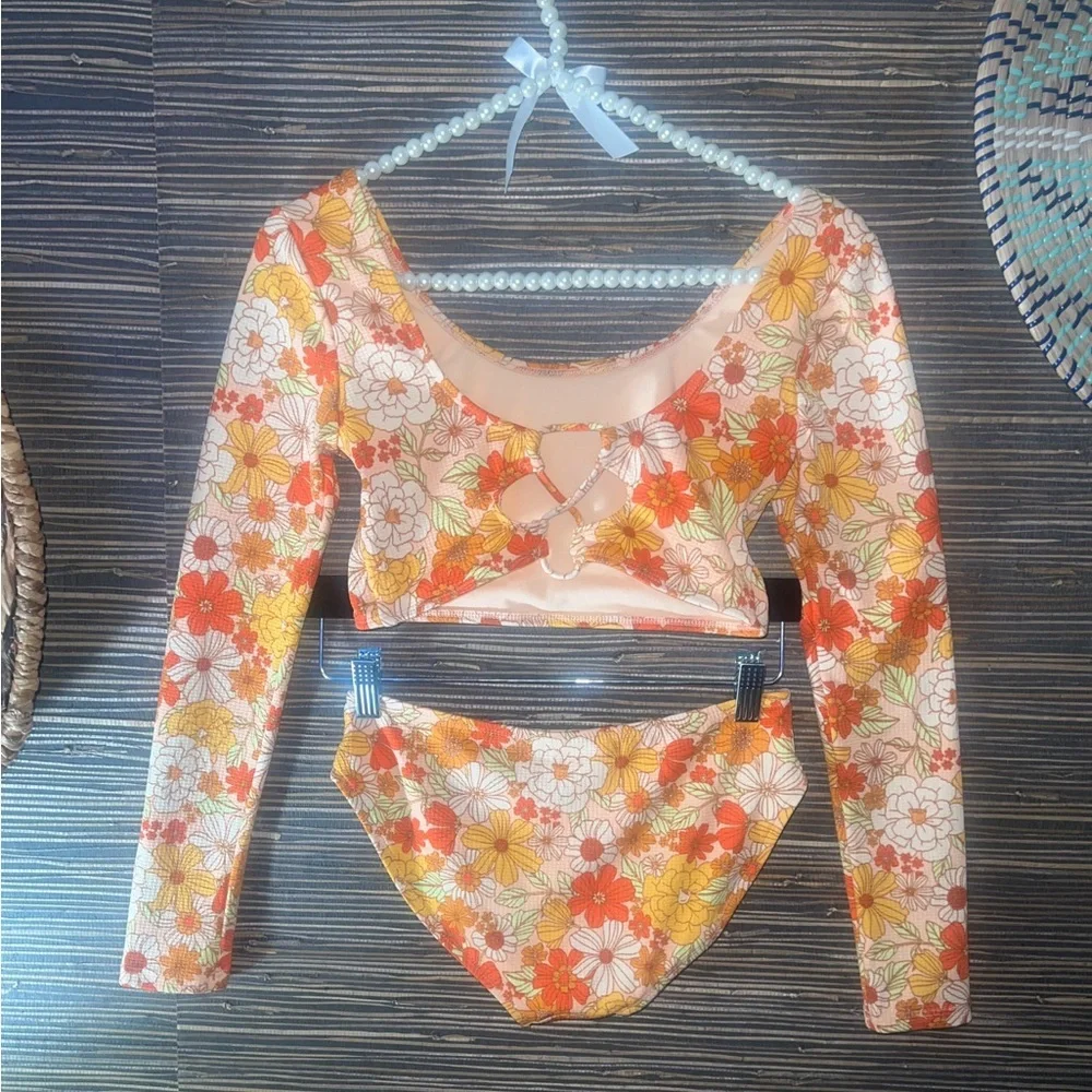 Art Class Floral Rash Guard Bikini Set- Pink and Orange Floral Size XL (14)